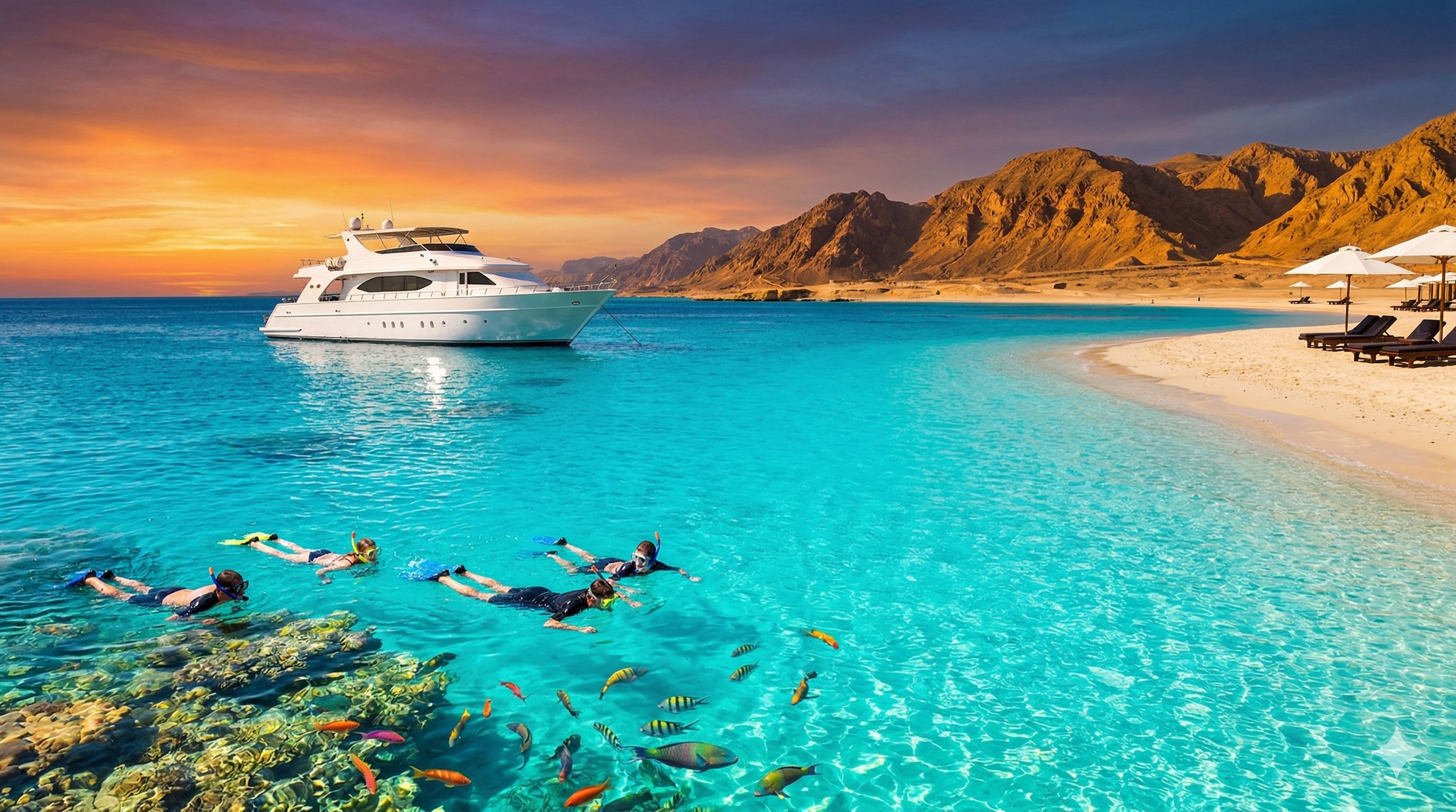 Dahab Red Sea coastline and Sinai mountain luxury travel mood